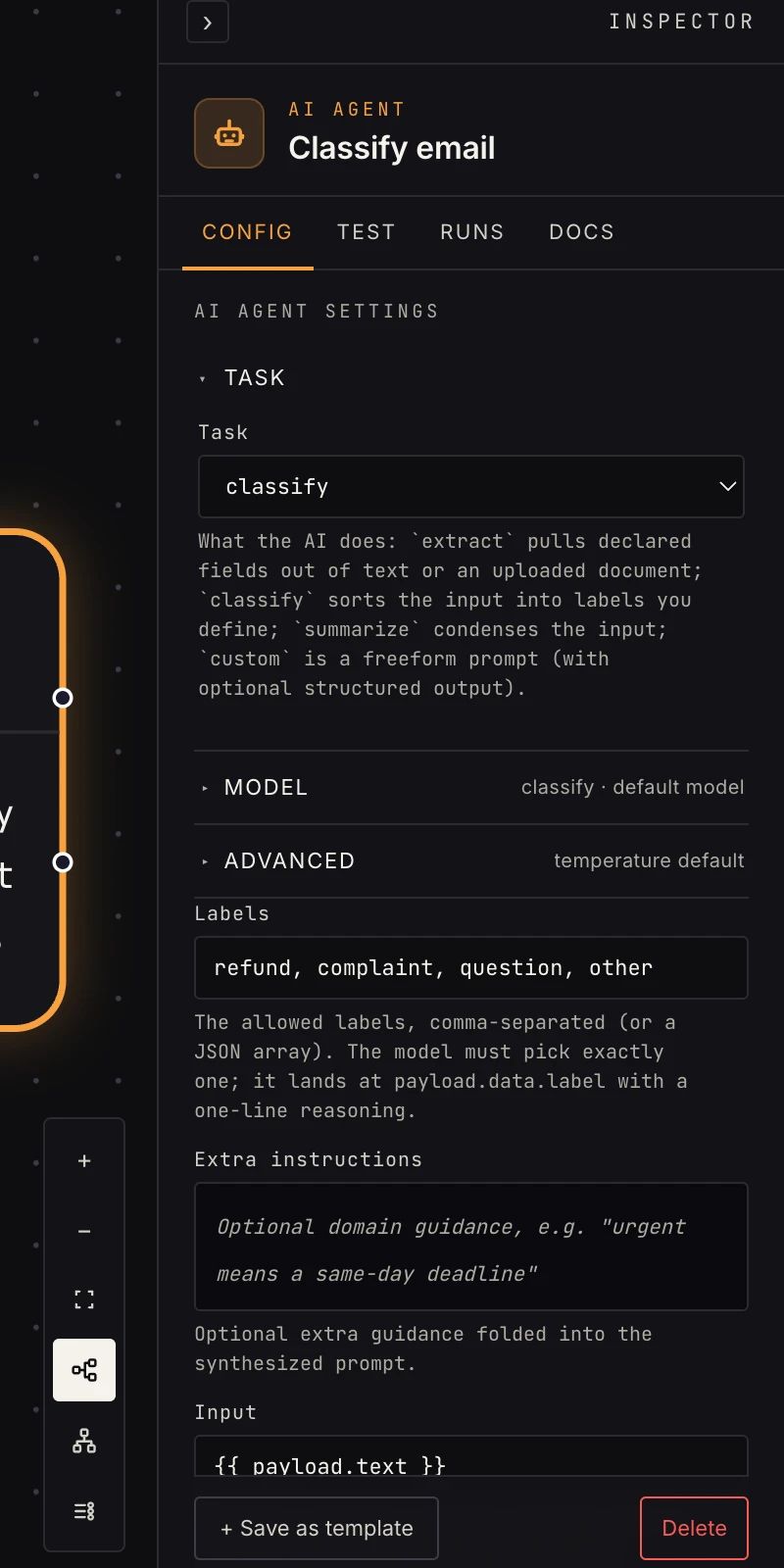 The classify task in the Inspector