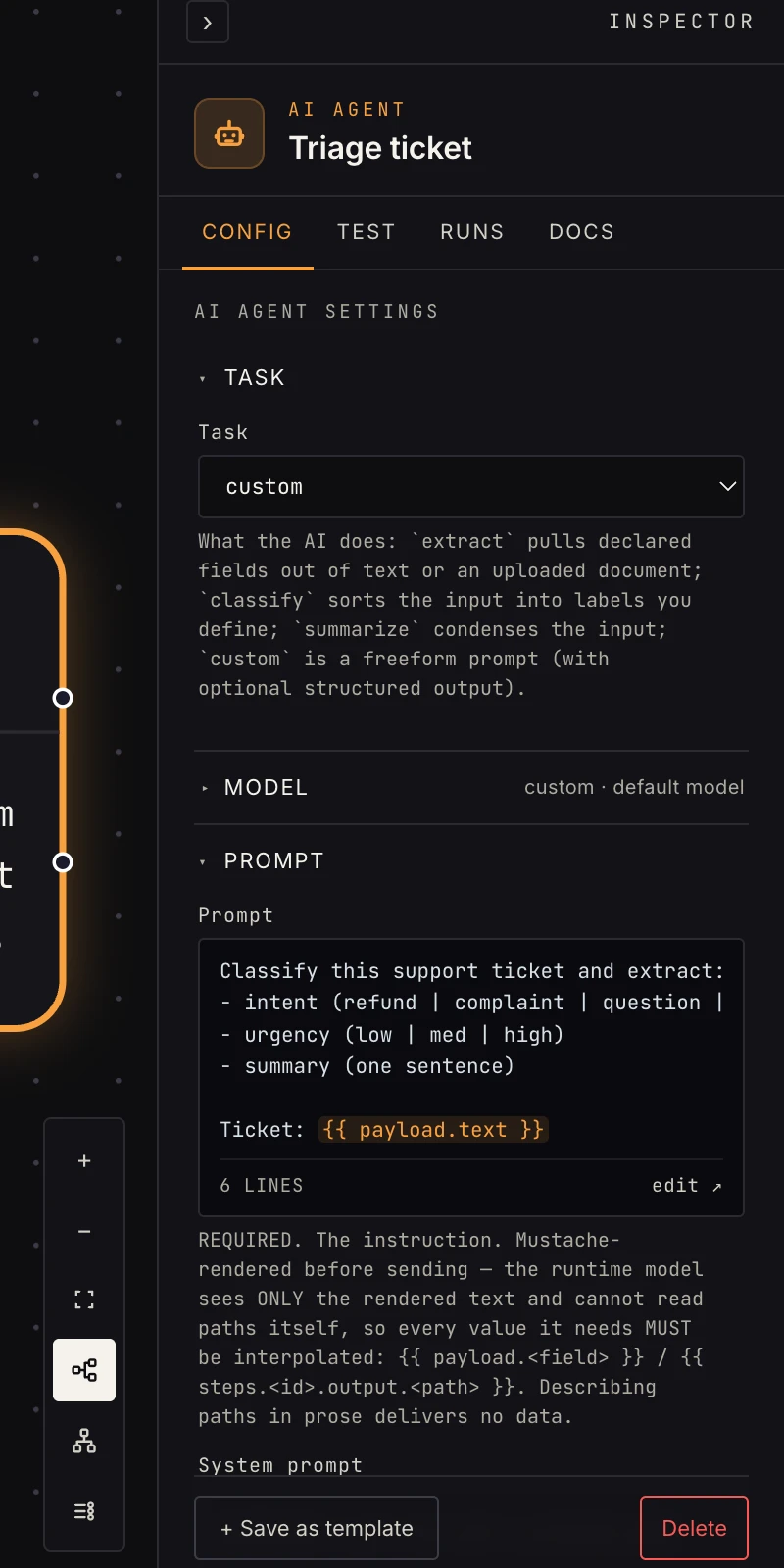 The custom prompt task in the Inspector
