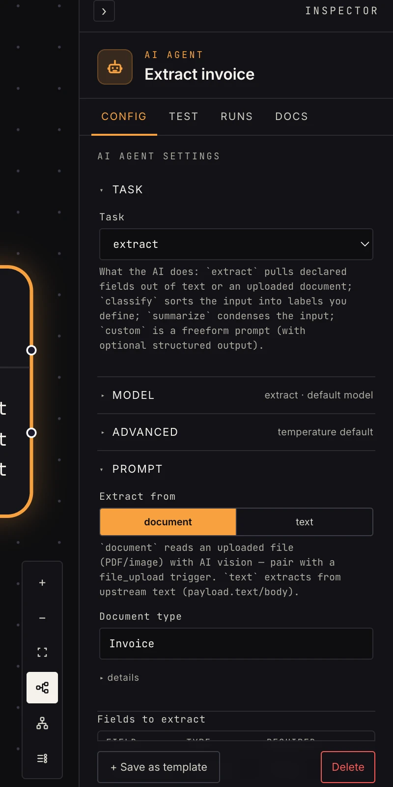 The extract task in the Inspector