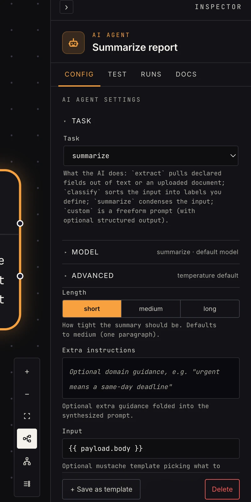 The summarize task in the Inspector