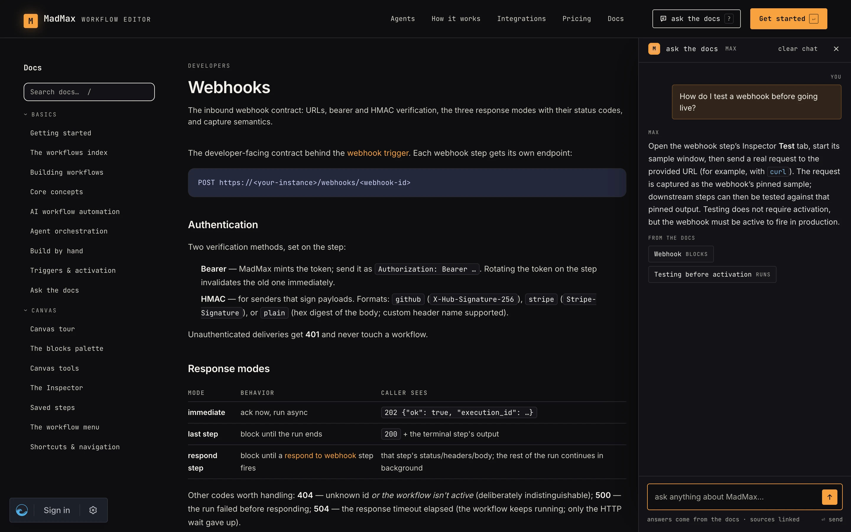 The ask-the-docs panel open beside a docs page, with an answer and its source chips