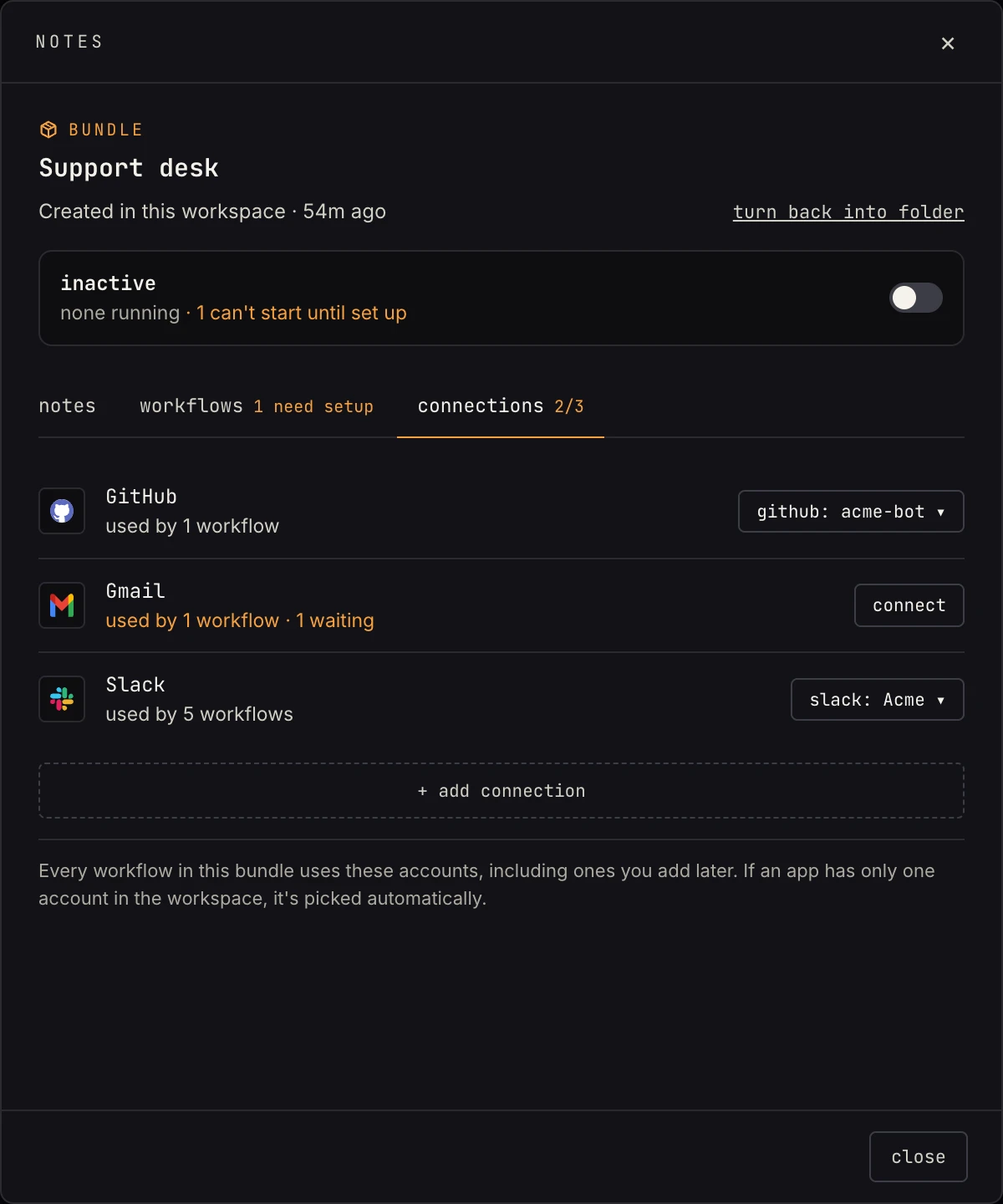 The bundle modal on its connections tab: GitHub and Slack picked, Gmail waiting for an account