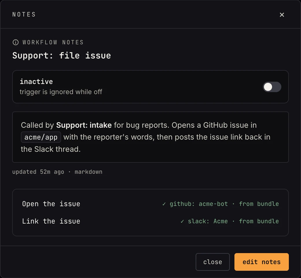 A workflow's notes modal listing two steps whose accounts come from its bundle