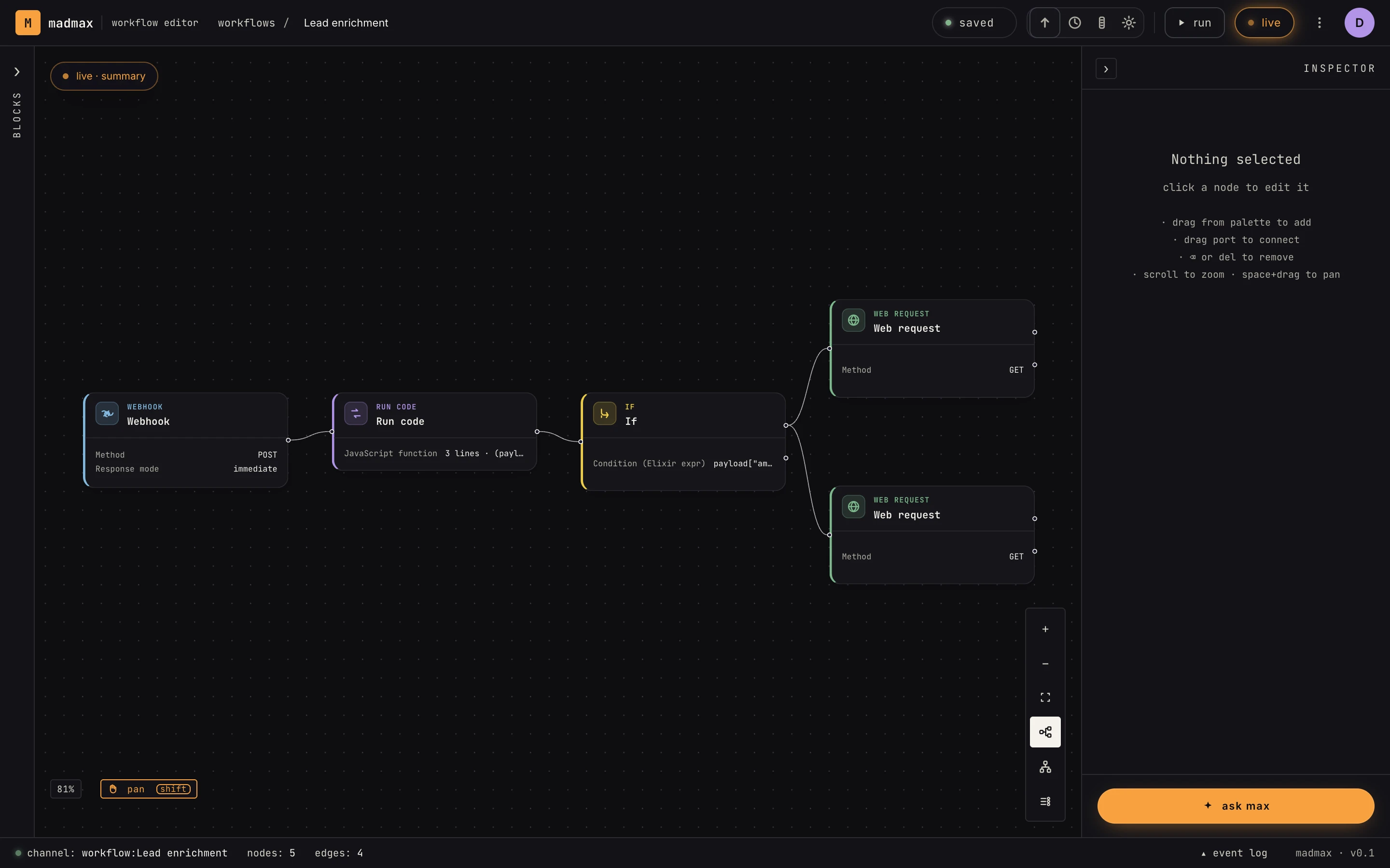 The canvas — step cards wired together, with the Inspector on the right