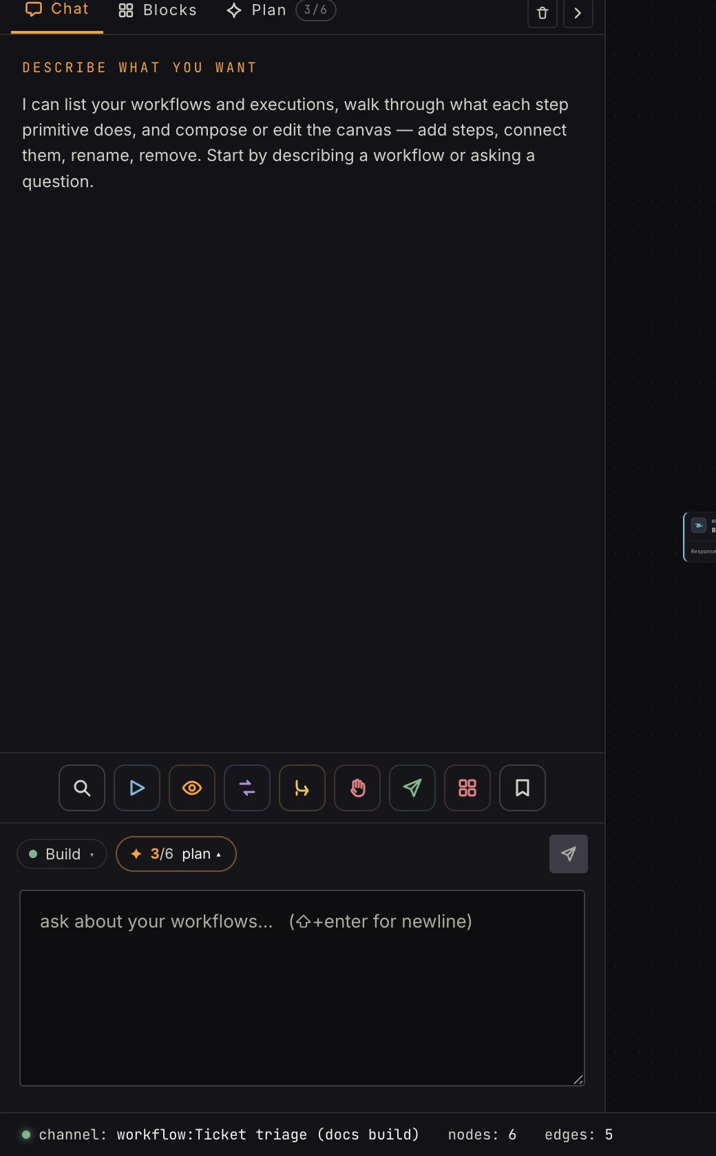 The chat docked in the left column, with the mode pill and plan pill