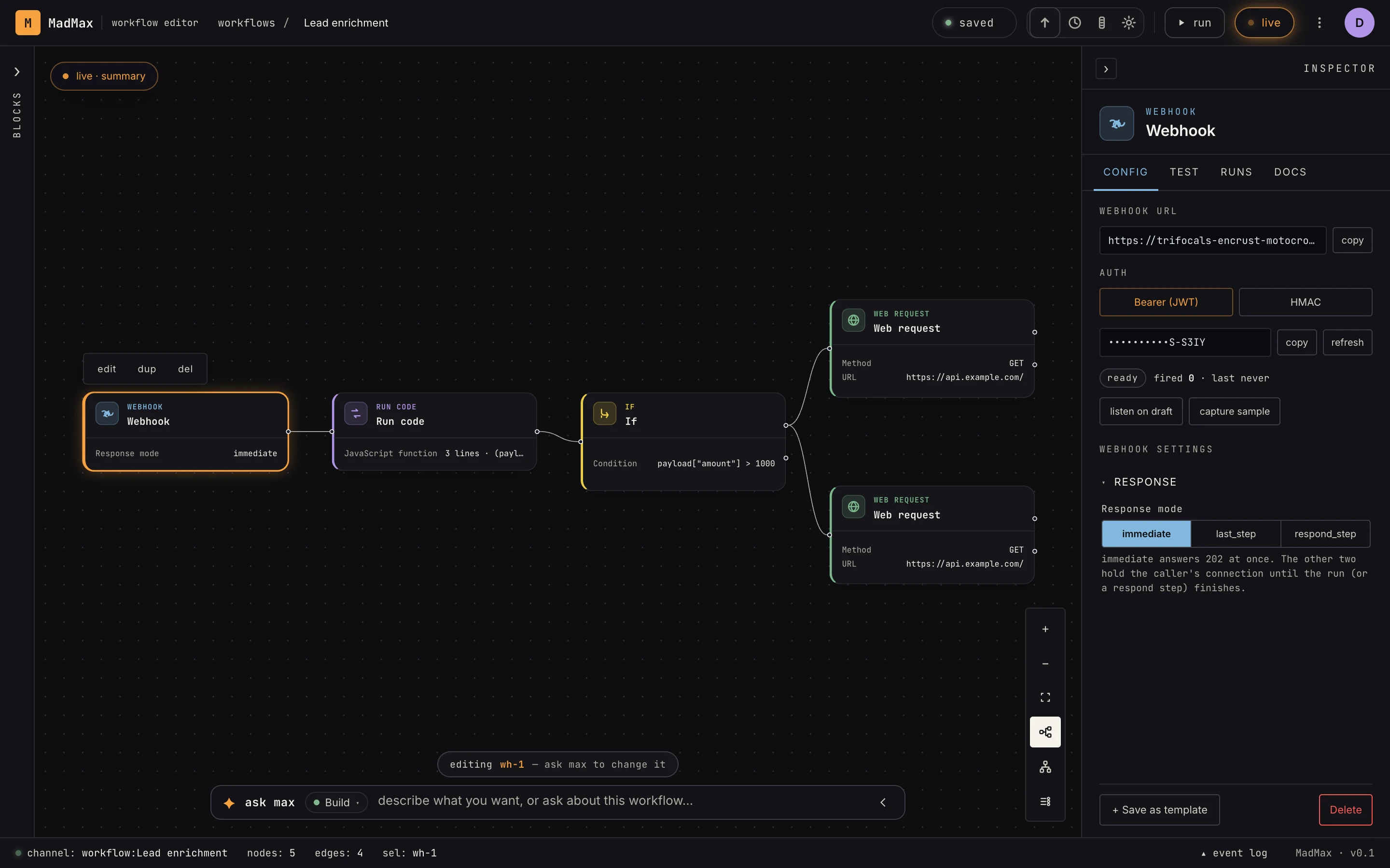An annotated workflow: trigger, steps, edges, and the Inspector