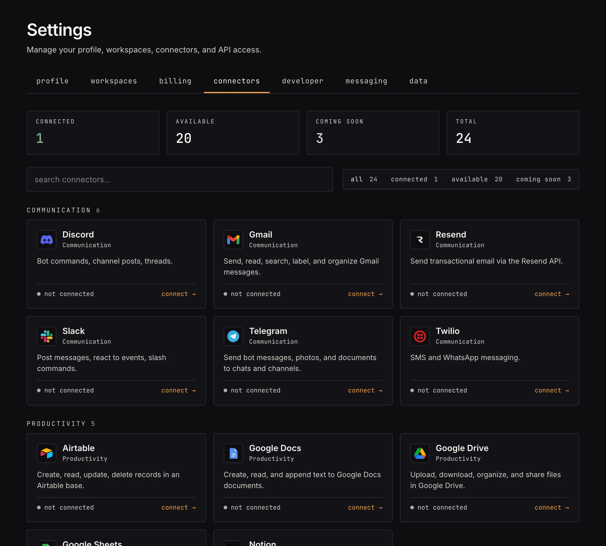 The connectors gallery in Settings