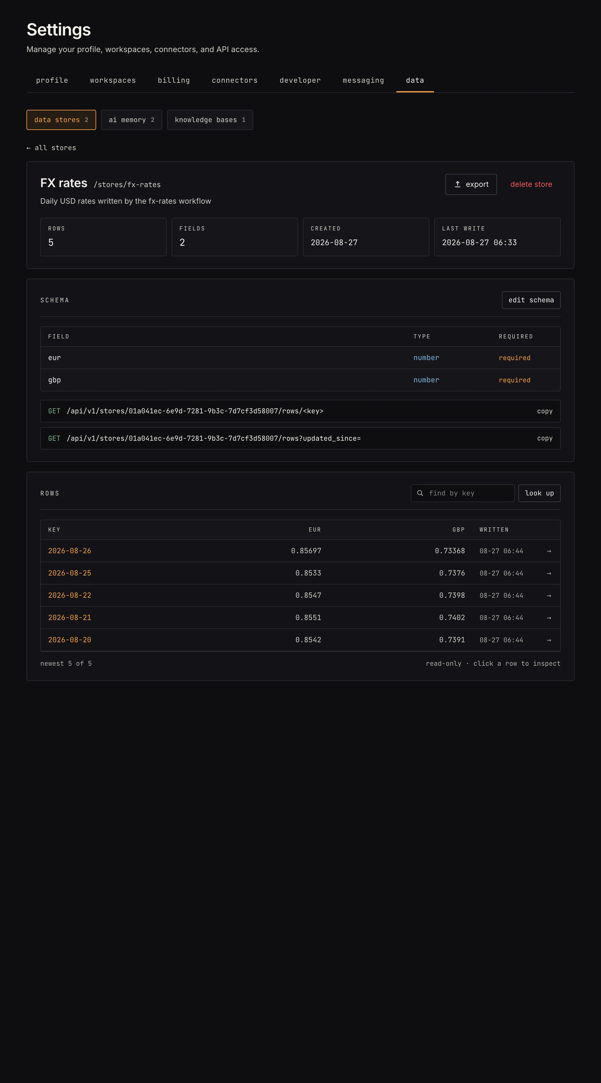A store's detail view in Settings