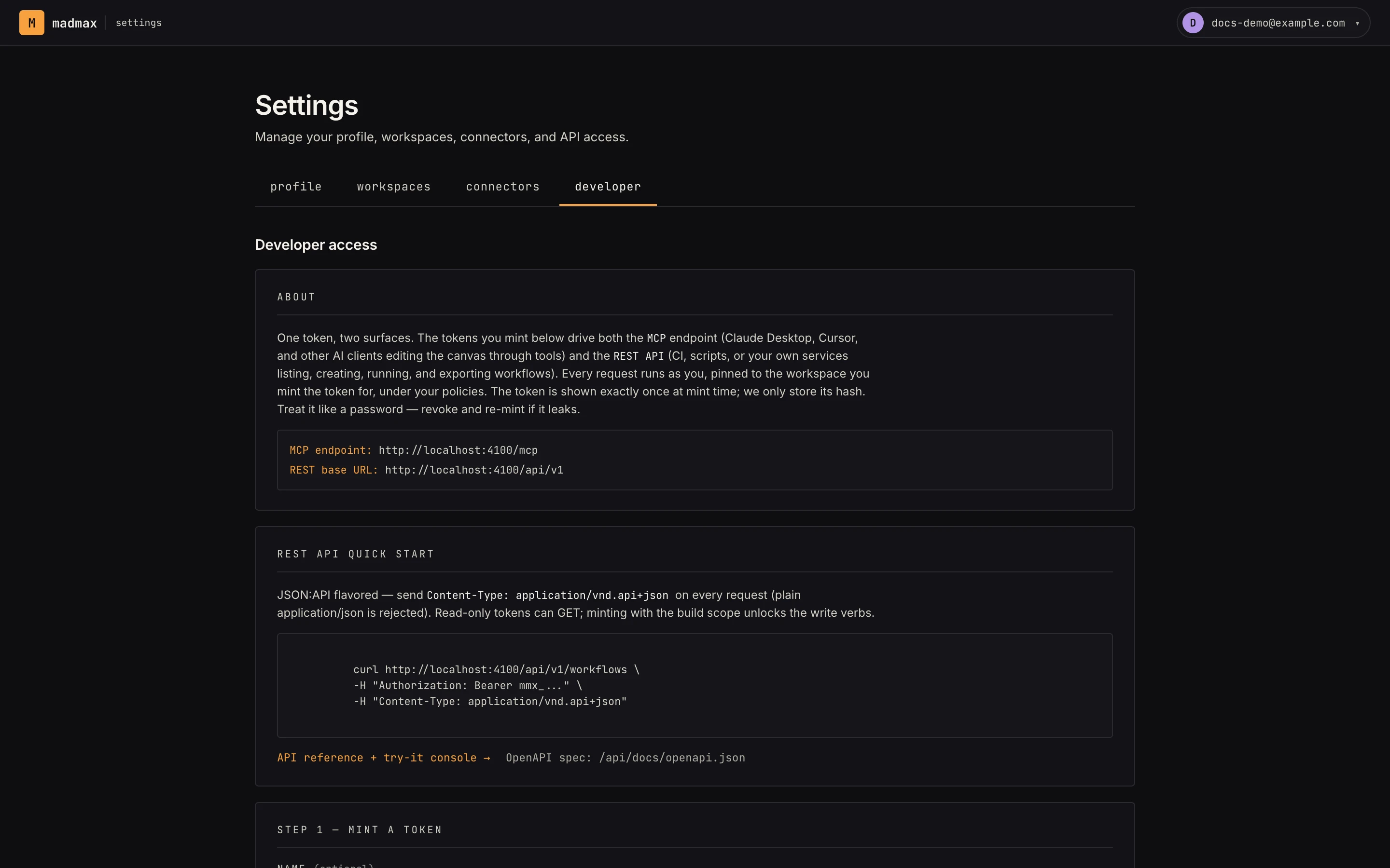 Settings → developer — token minting and the REST quick start