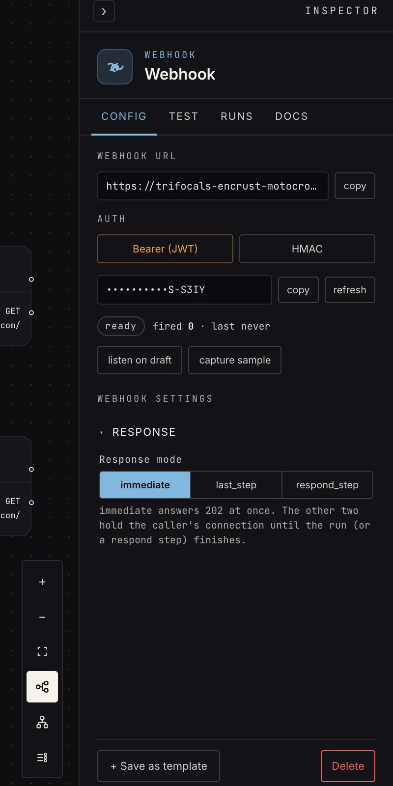 The Inspector on an AI agent step: fields, hints, groups