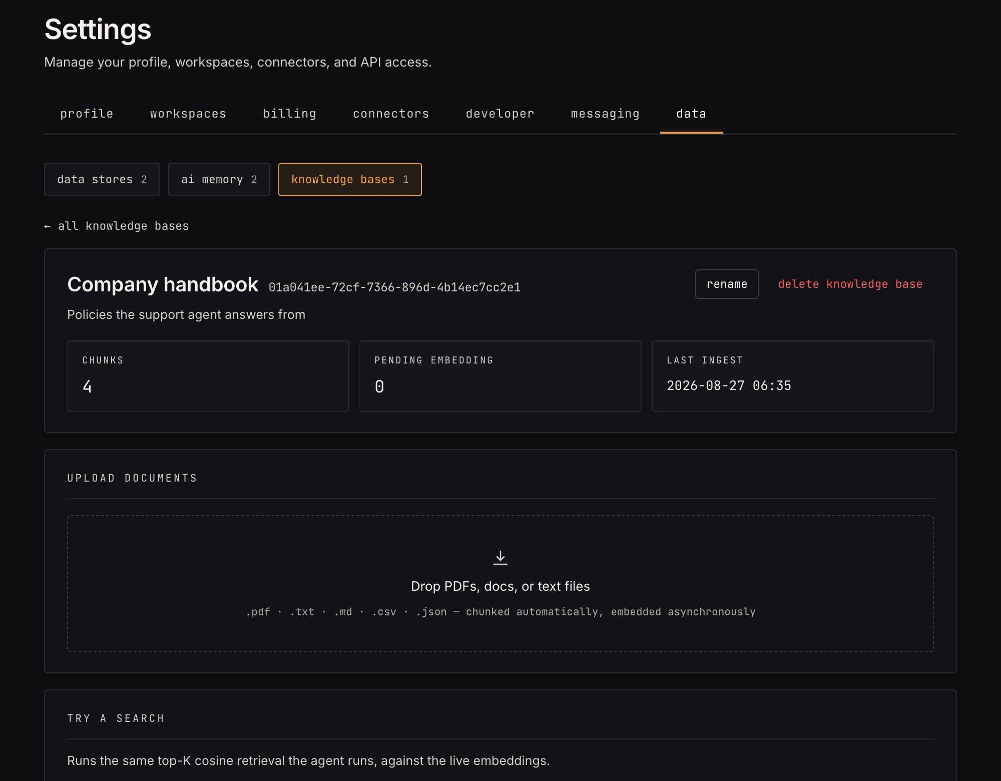 A knowledge base's detail view in Settings