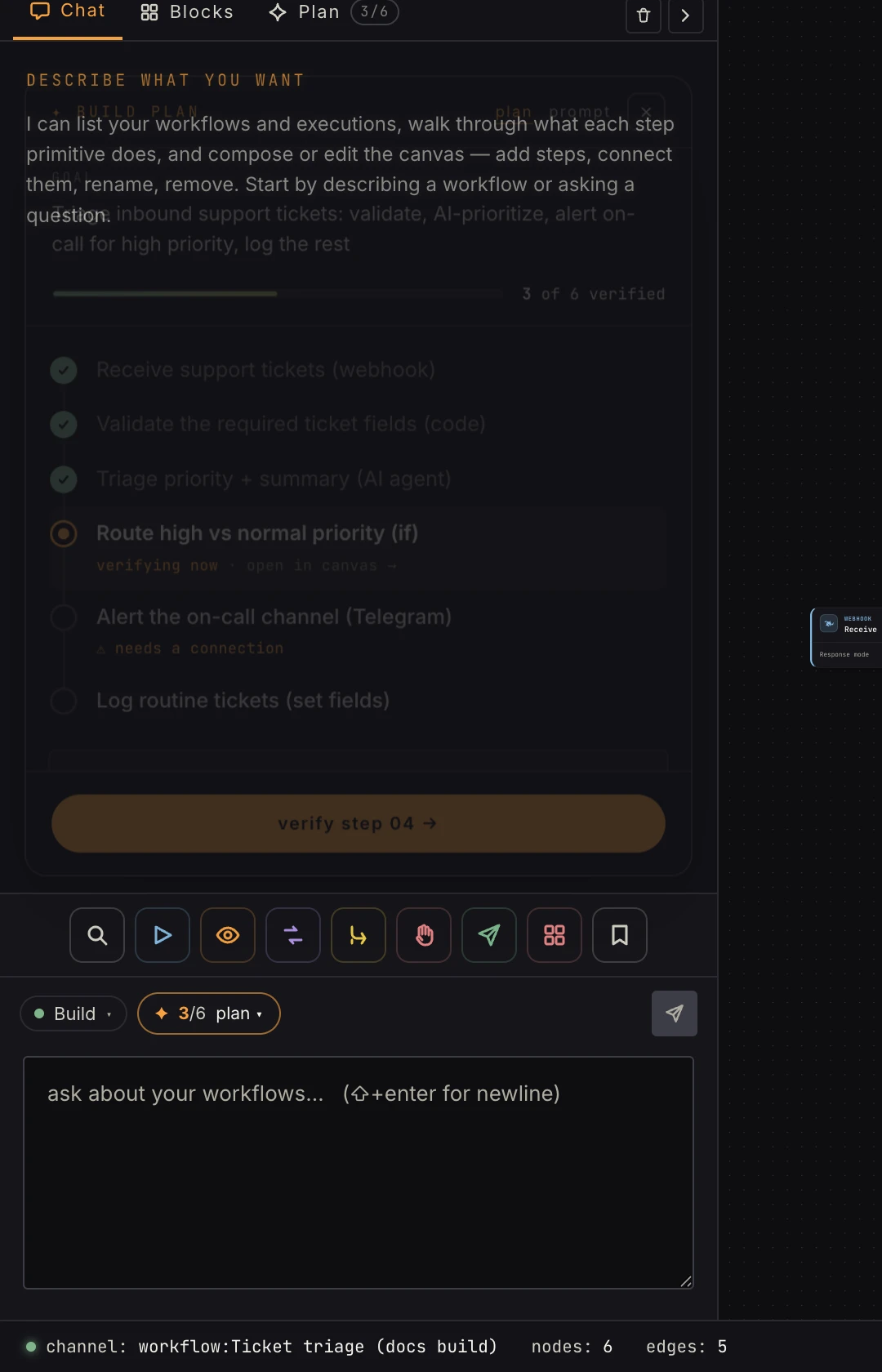 The plan peek over the chat, with the verified counter pill