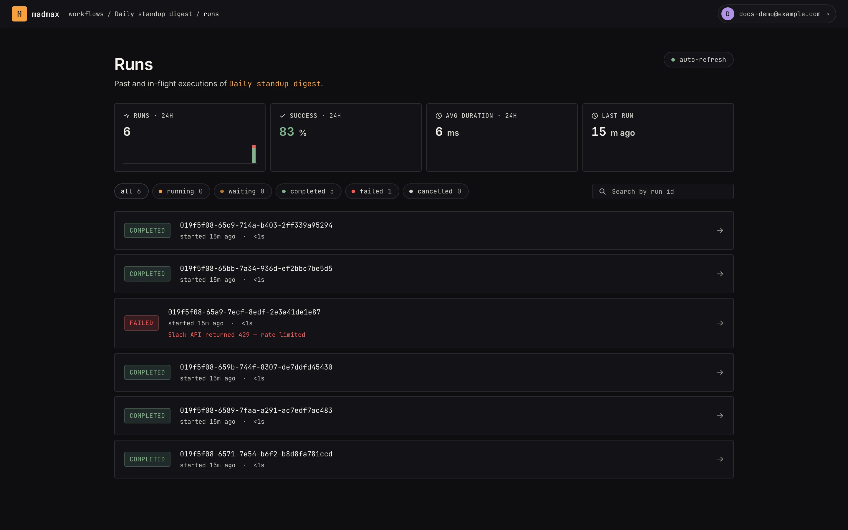 The runs page — status chips, filters, and per-run error summaries