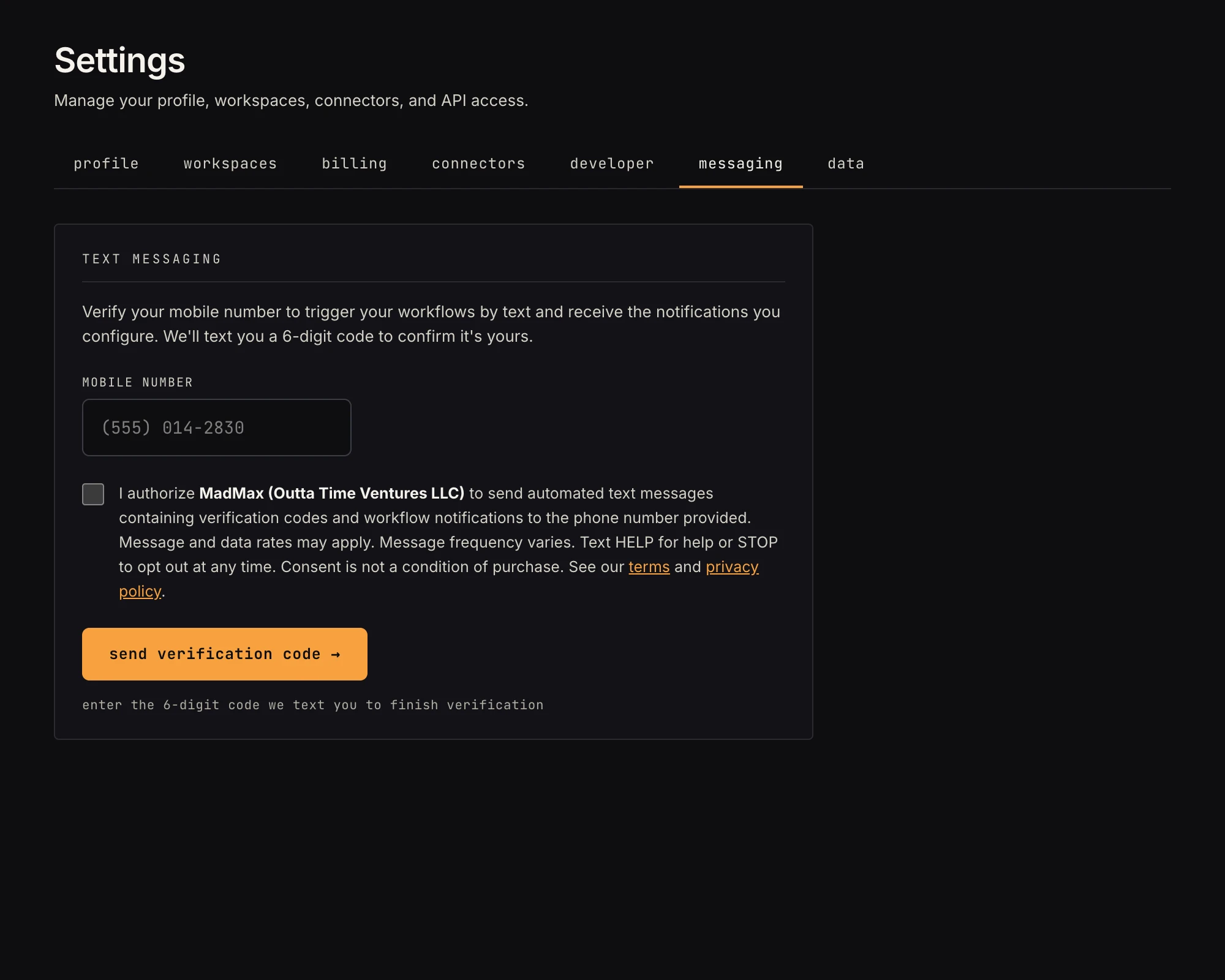 Settings → messaging — the workspace phone book