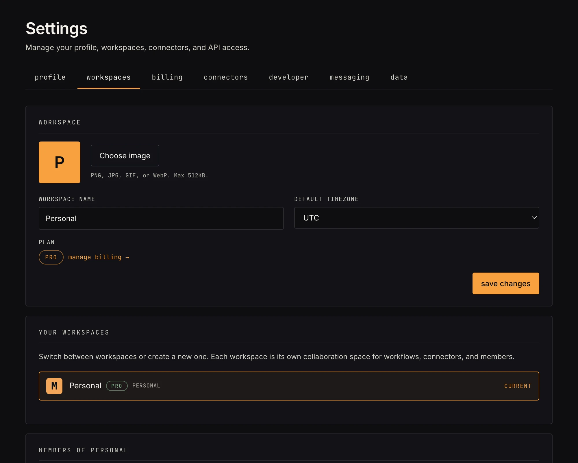 Settings → workspaces — members and pending invites