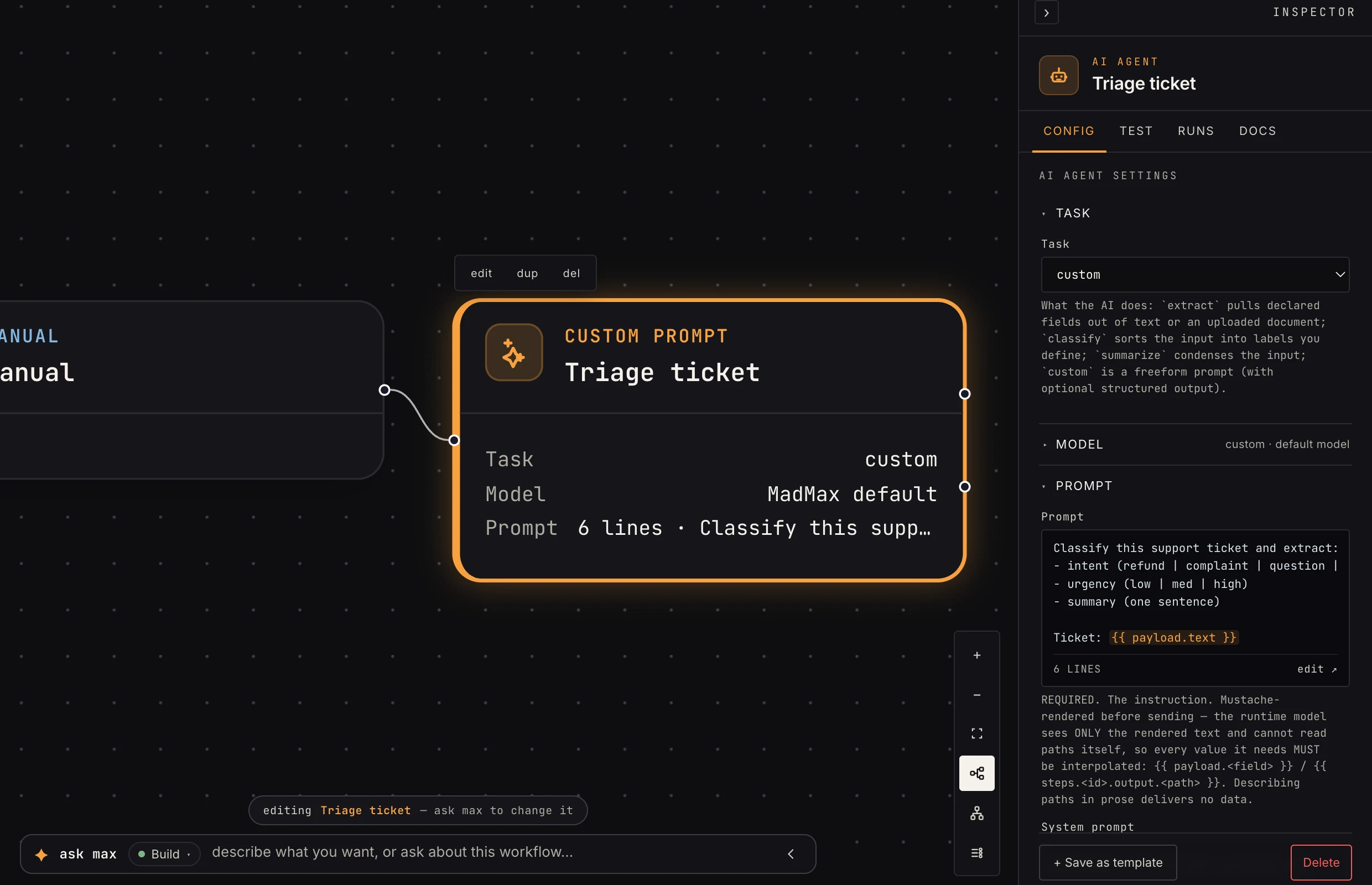 The AI Agent step with its Inspector open