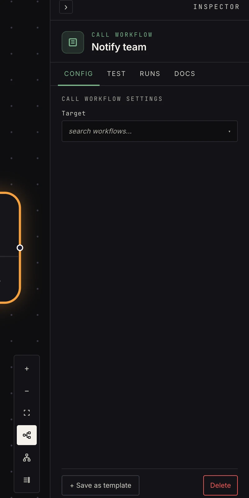 The call workflow step in the Inspector