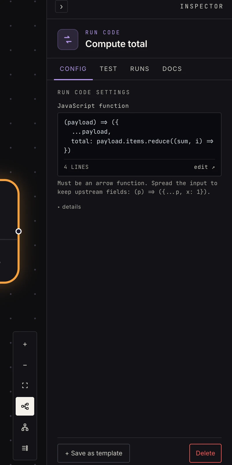 The run code step in the Inspector