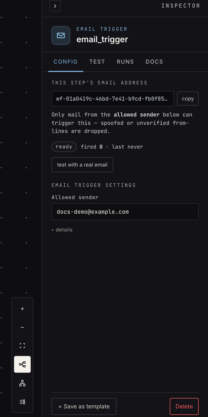 The email trigger's Inspector config