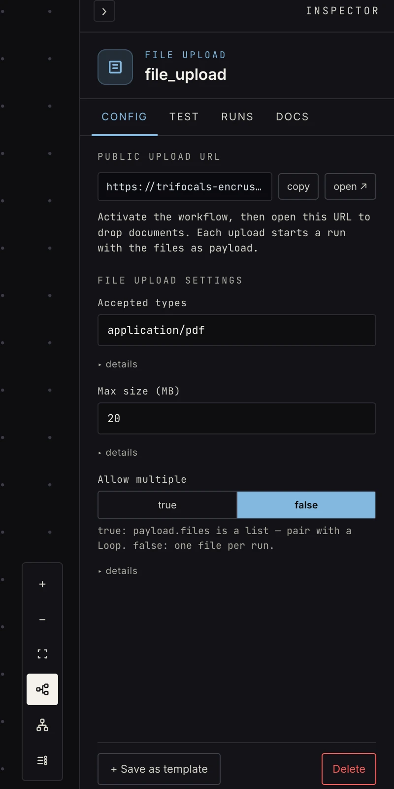 The file upload trigger's Inspector config