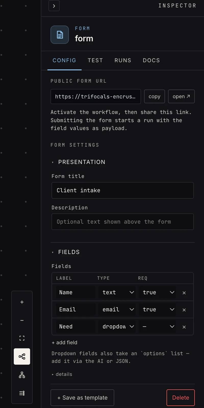 The form trigger's Inspector config