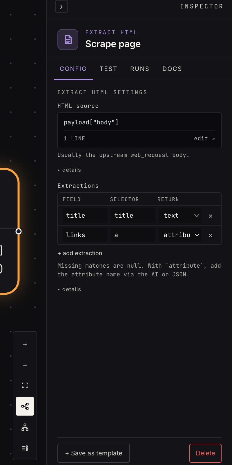 The extract HTML step in the Inspector