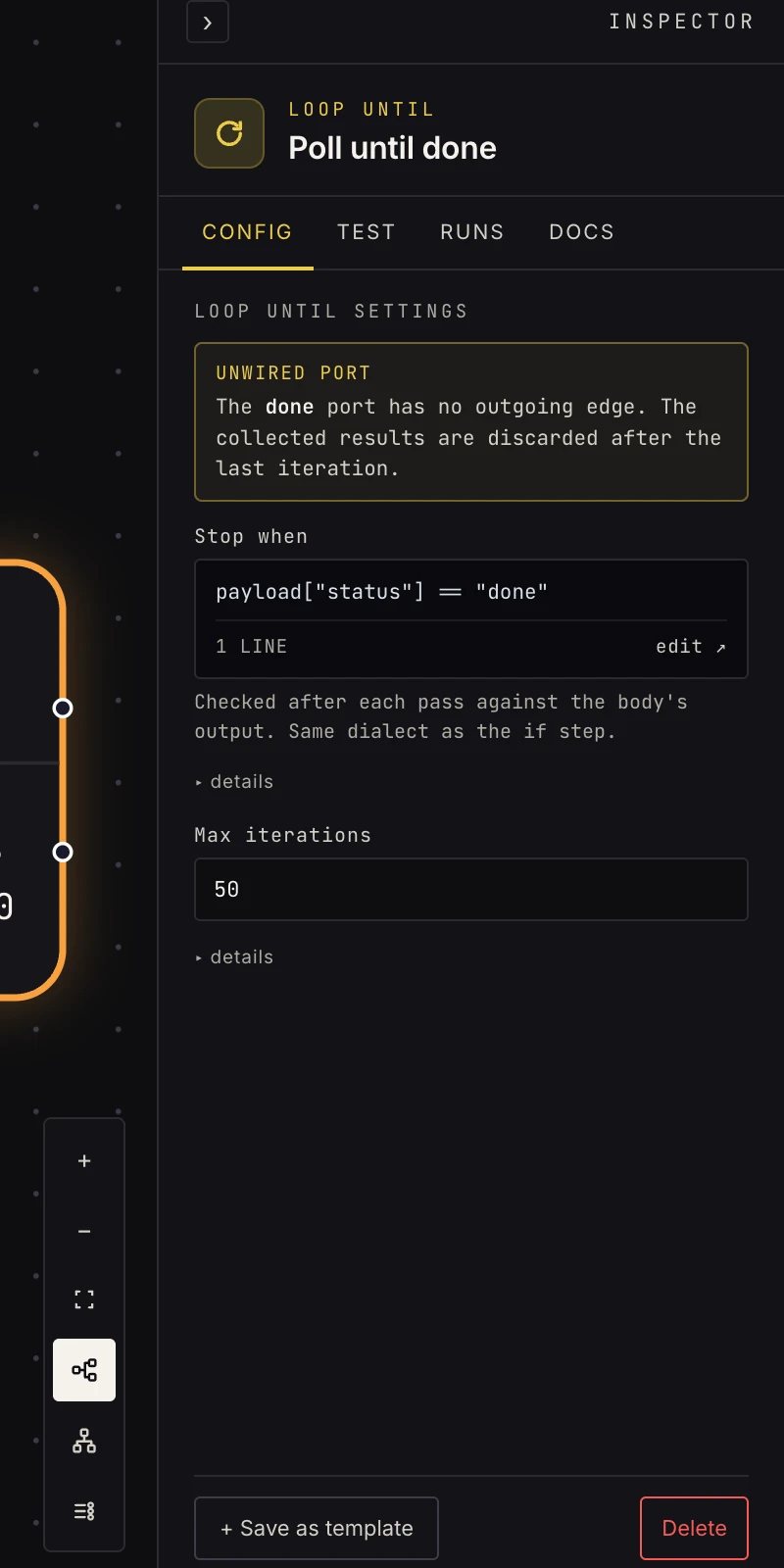 The loop-until step in the Inspector