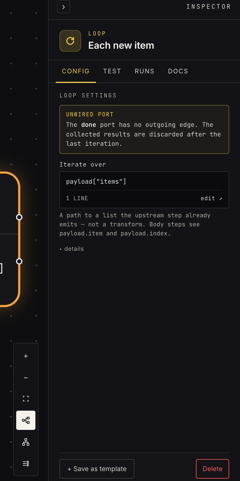 The loop step in the Inspector