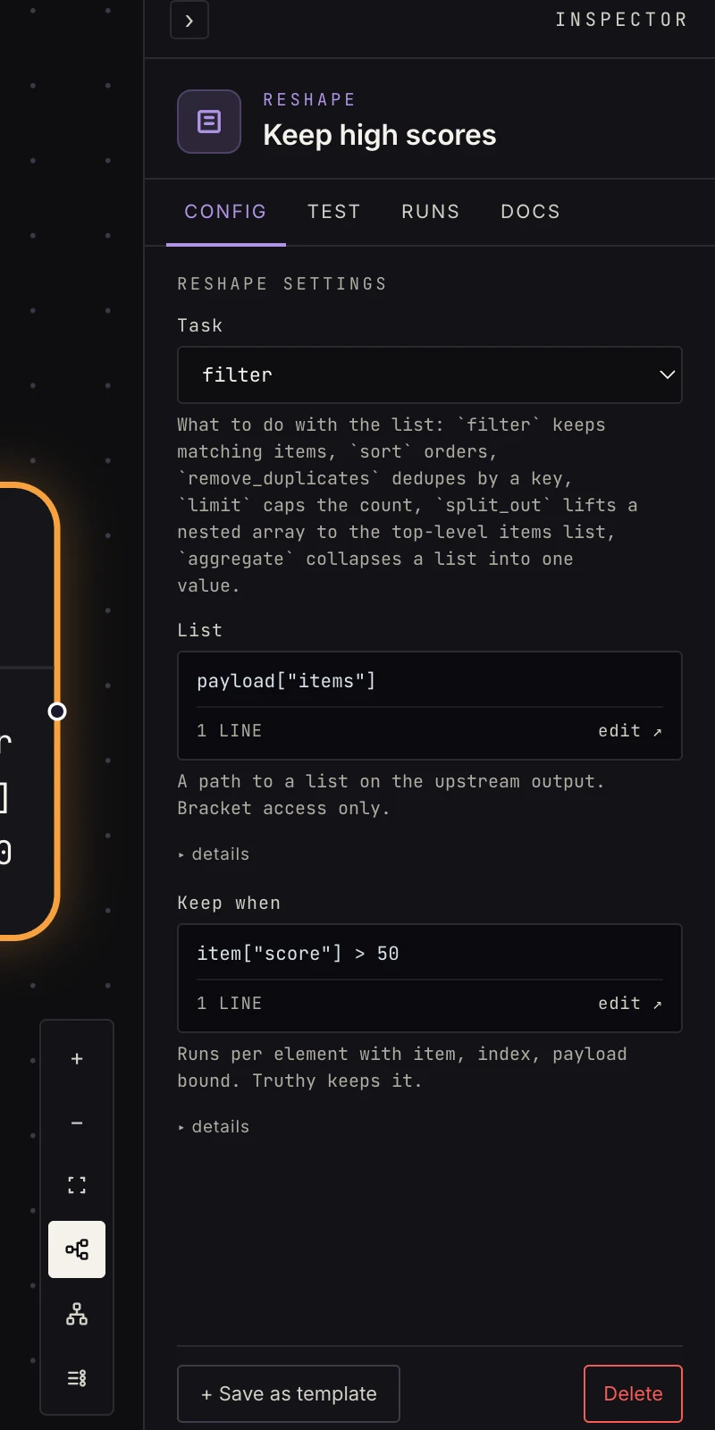 The reshape step in the Inspector