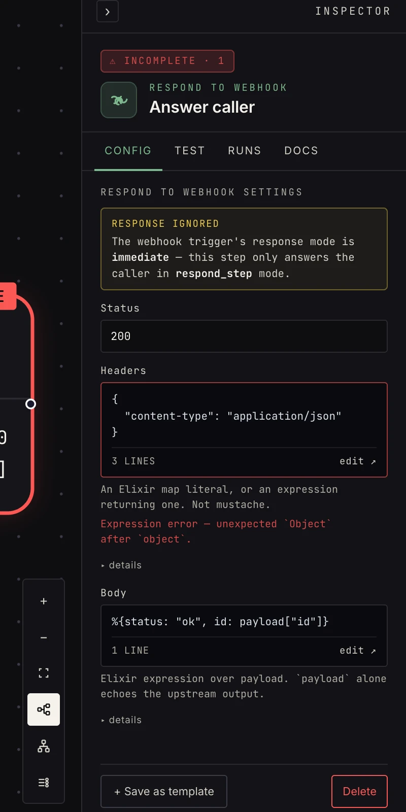 The respond-to-webhook step in the Inspector