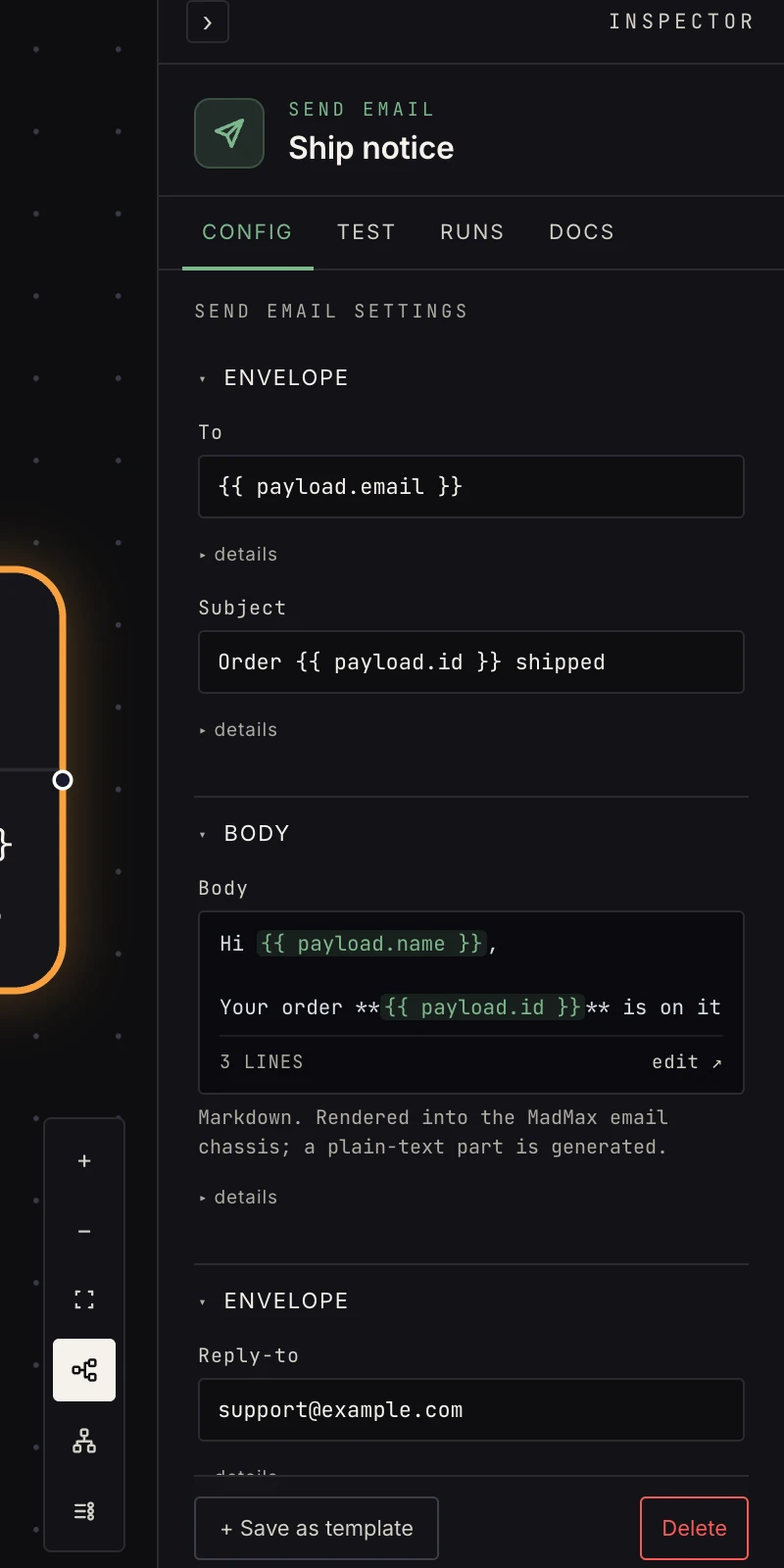 The send email step in the Inspector