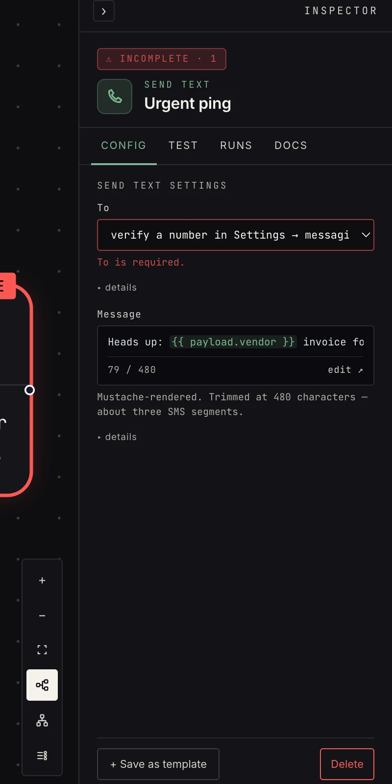 The send text step in the Inspector