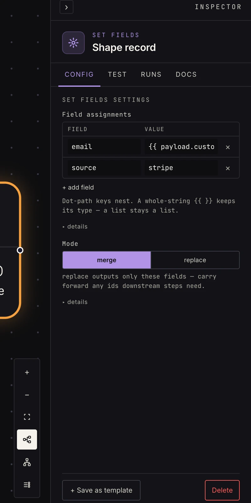 The set fields step in the Inspector