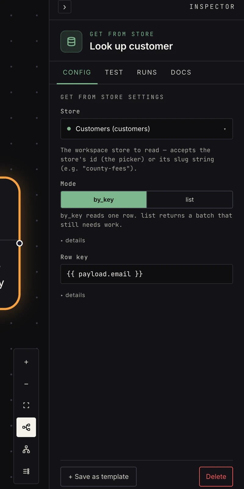 The get-from-store step in the Inspector