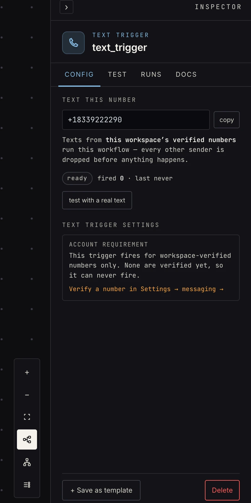 The text trigger's Inspector config