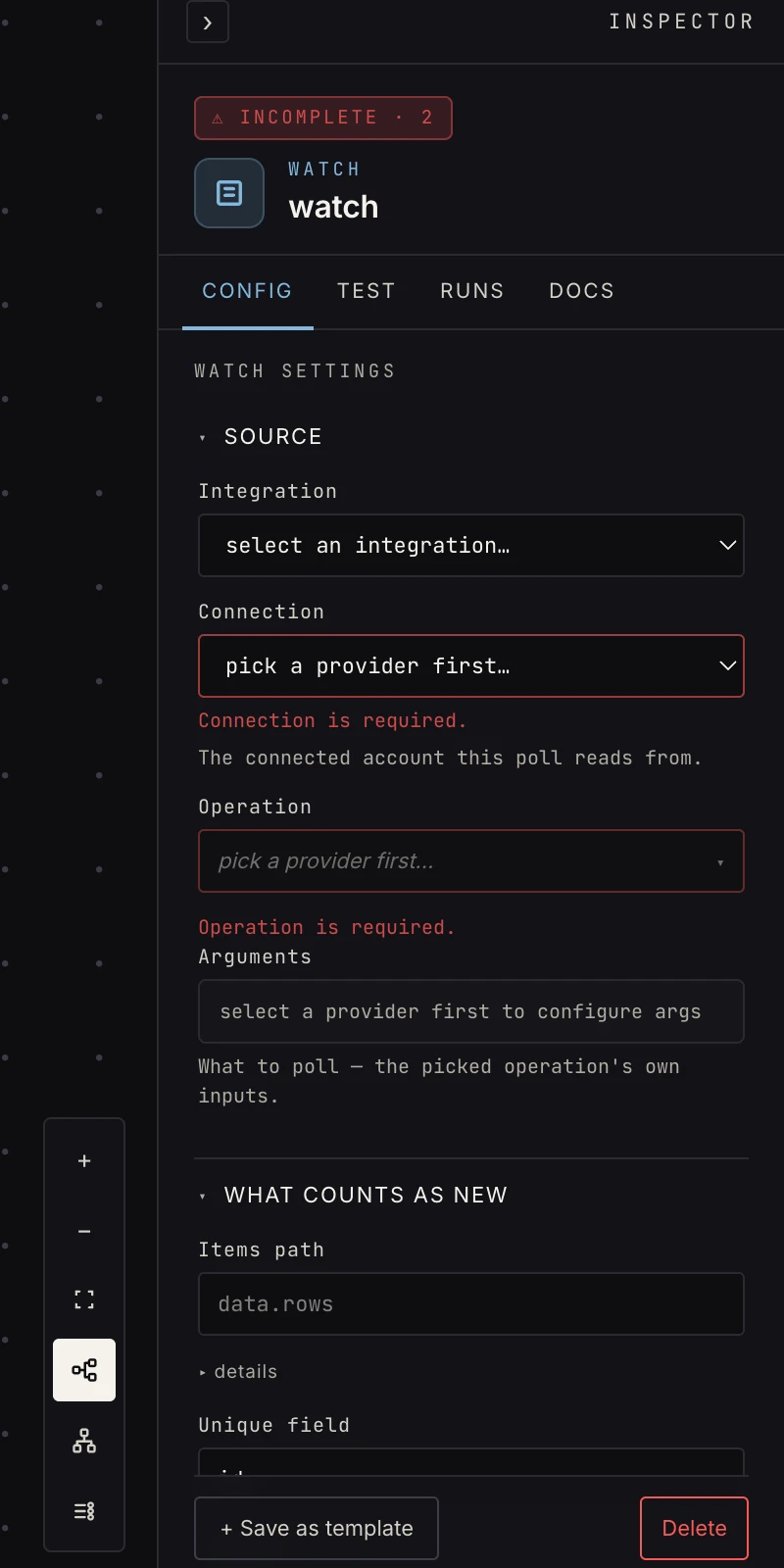 The watch trigger's Inspector config