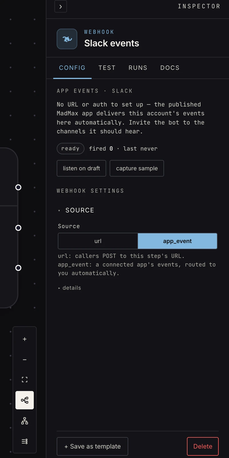 The webhook step in App-event mode