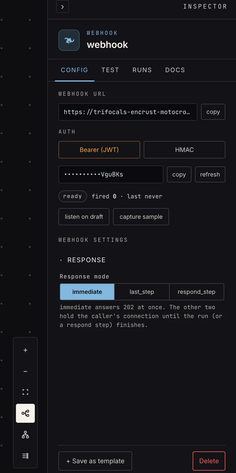 The webhook trigger's Inspector config