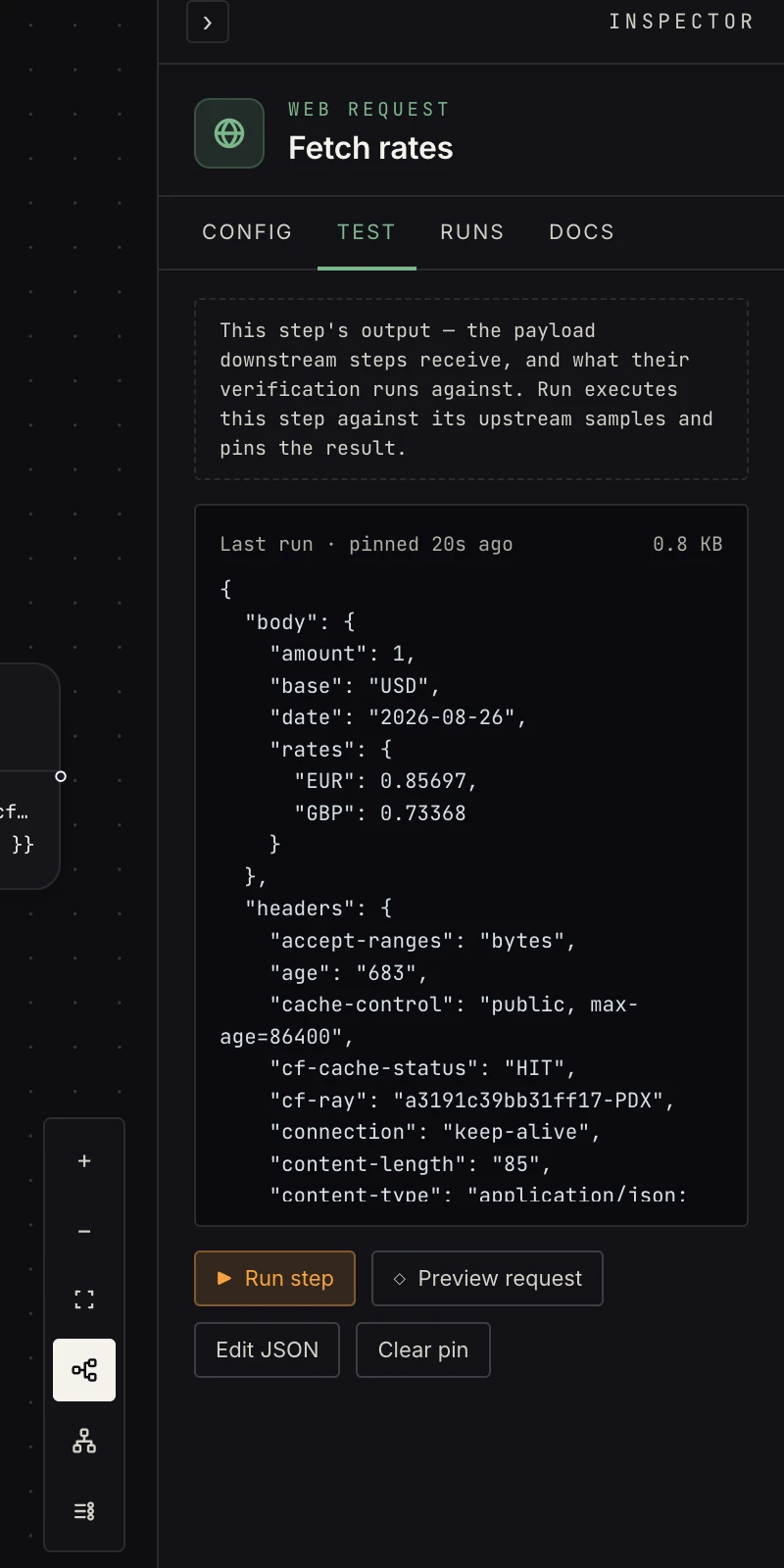 The Inspector Test tab with a pinned output