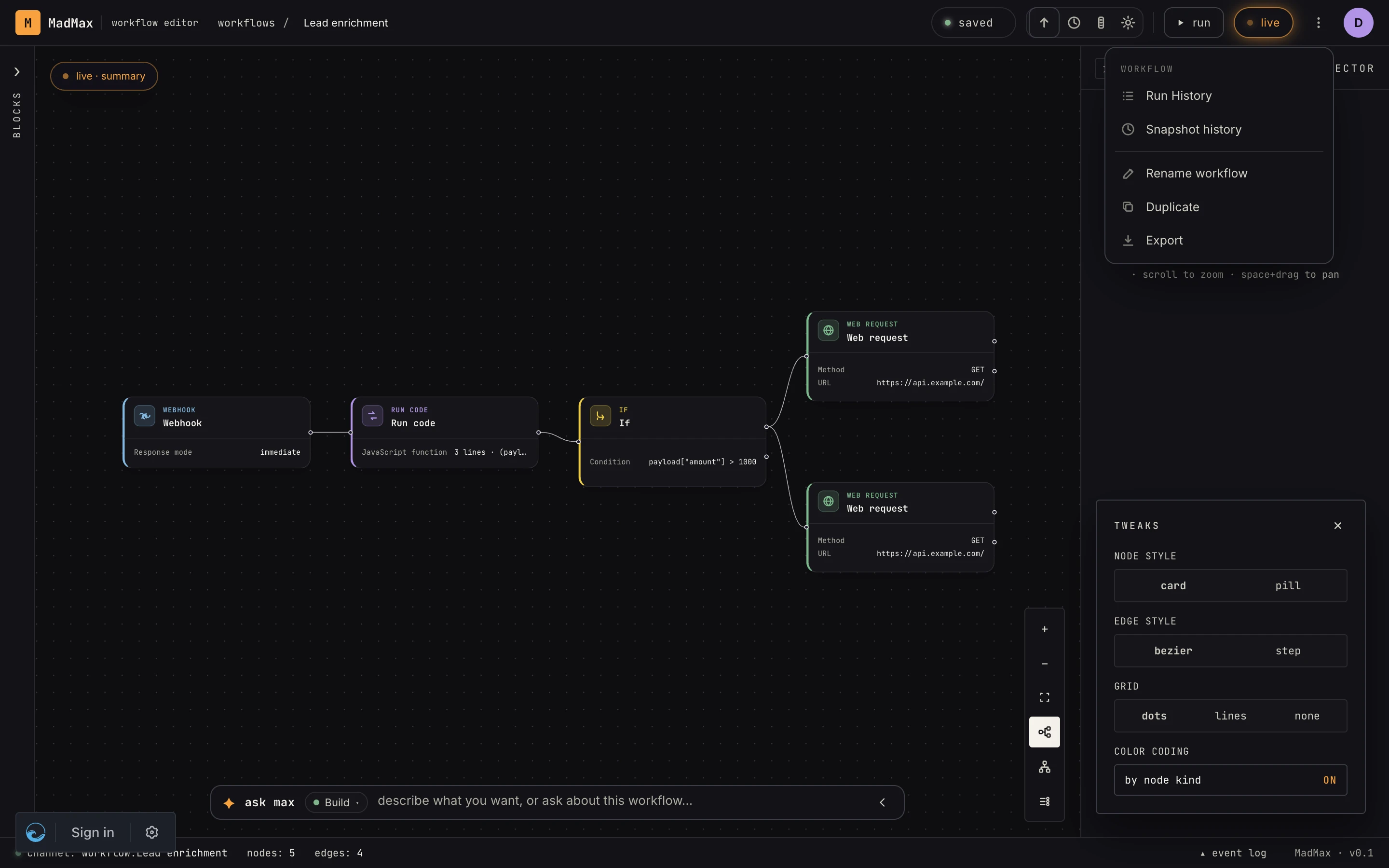 The workflow menu open in the topbar