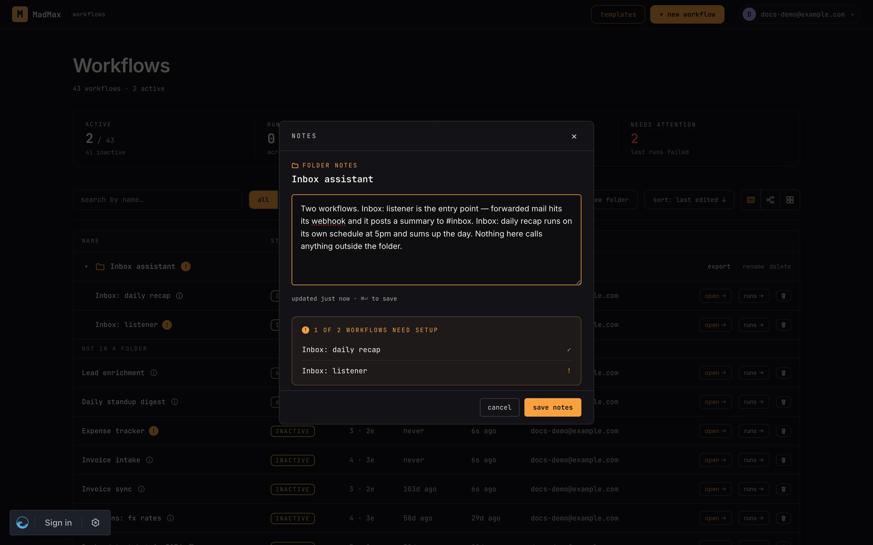 Folder notes with the member list: one workflow ready, one still needing setup