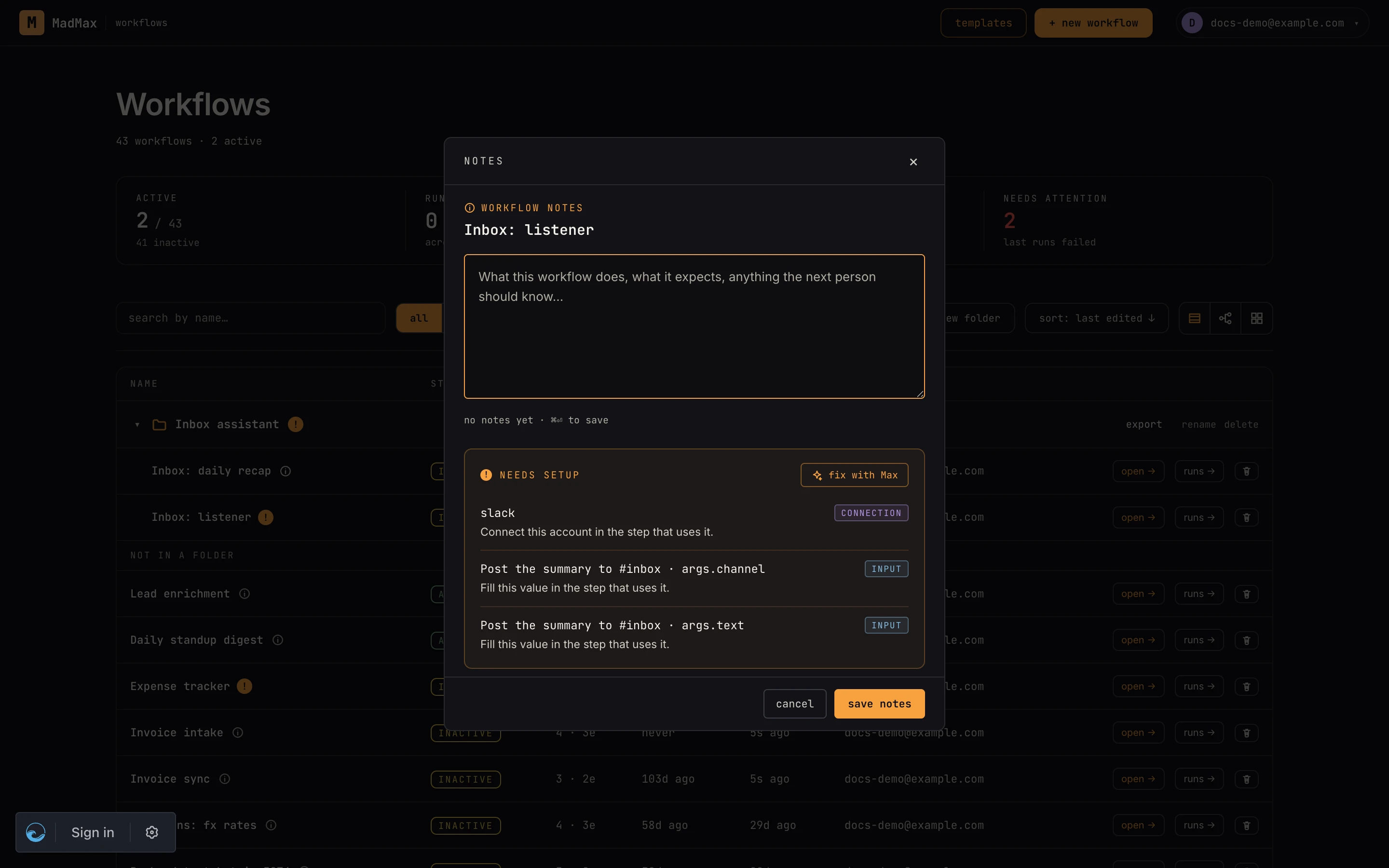 The notes modal with the needs-setup panel: a Slack connection and two inputs still to fill