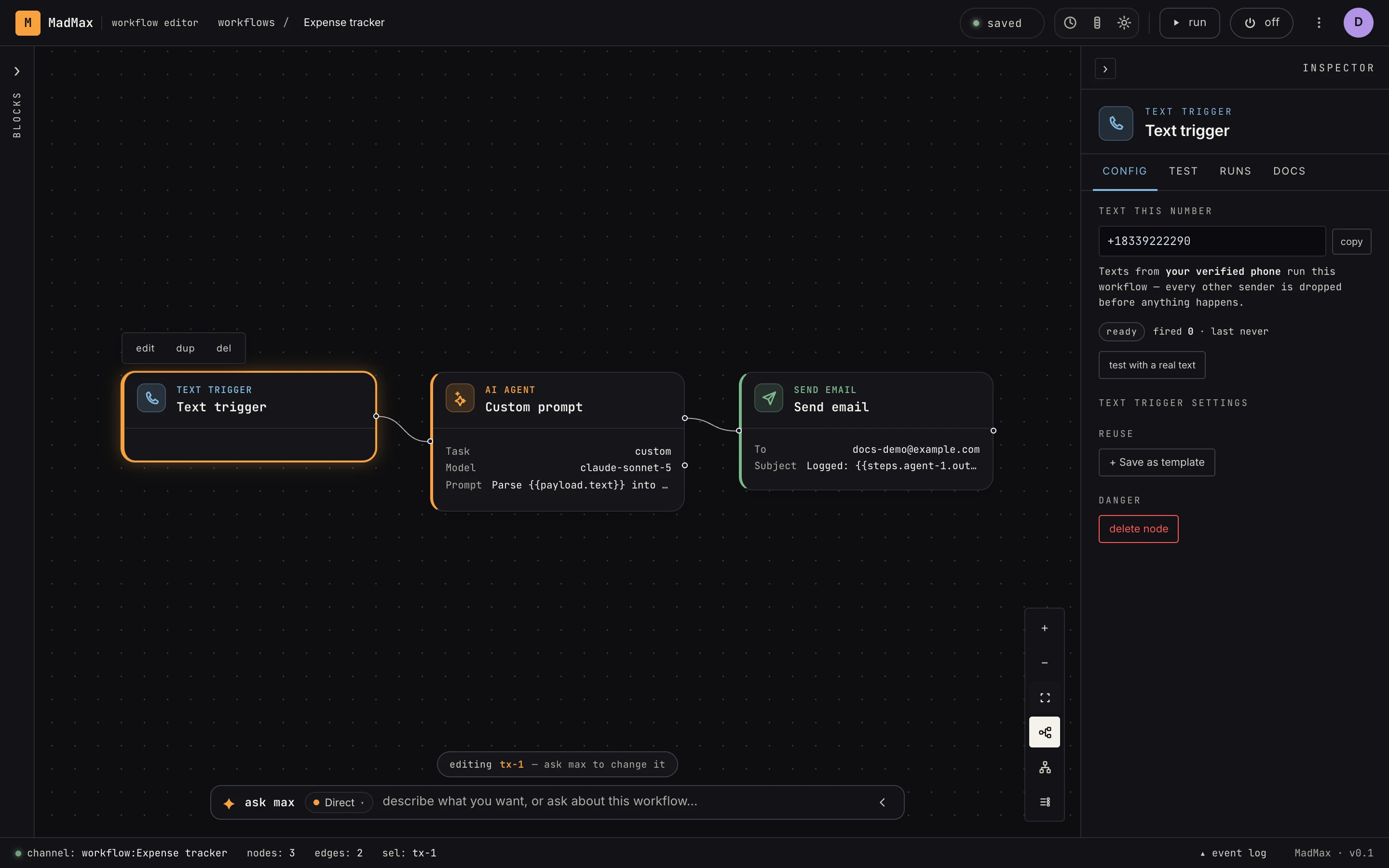 A text-triggered workflow in the MadMax editor: text trigger into an AI agent into send email, with the inspector showing the number to text