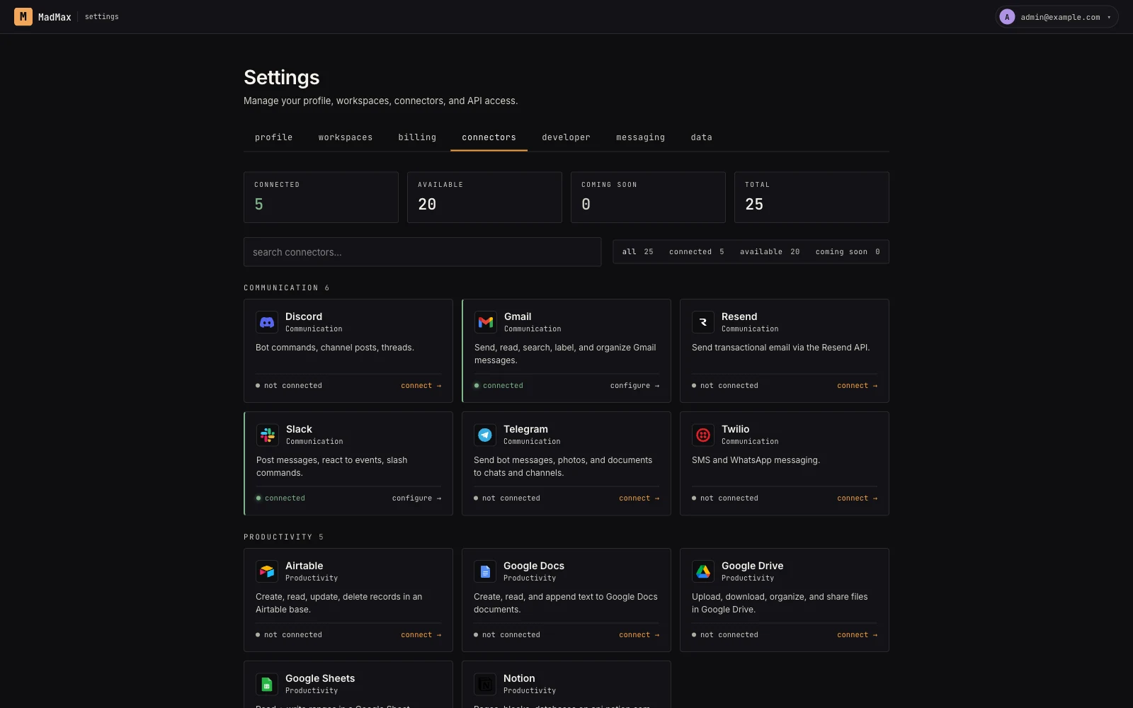 The connectors gallery in MadMax Settings with Slack connected